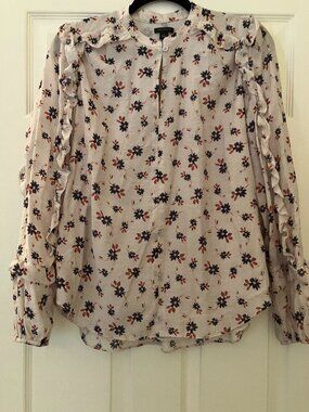 Ann Taylor Blouse, Size S, Tan w/Blue Floral Pattern